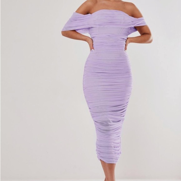 Missguided Dresses & Skirts - Missguided Lilac Mesh Ruched Off Shoulder Dress